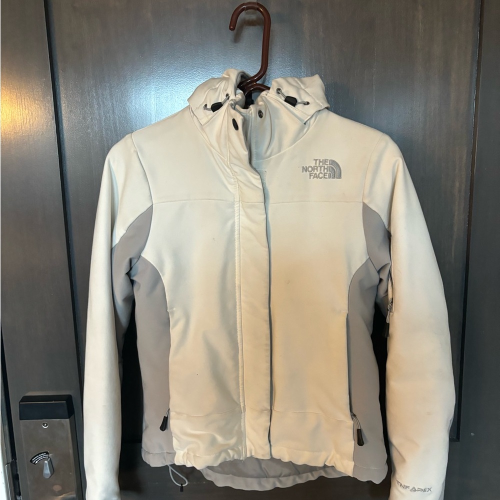 The North Face White and Gray Ski Jacket with Hood and Zip-Up Style